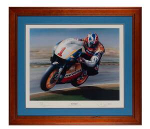 MICK DOOHAN, print "Doohan - World 500cc Motorcycle Grand prix Champion 1994, 1995, 1996", by Peter Randall-Kent, artist proof signed by Mick Doohan & artist, window mounted, framed & glazed, overall 95x85cm. With CoA.