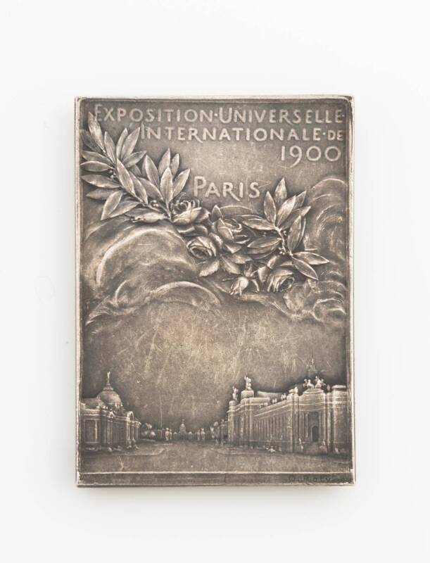 1900 Paris Exposition Universelle Internationale Medal, in silver, designed by Oscar Roty, 35x51mm. Fine condition. [These medals were given to judges and other officials from the 1900 Olympics, which were part of the 1900 Exposition].