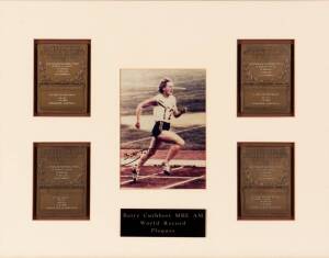 BETTY CUTHBERT'S WORLD RECORD PLAQUES, display comprising four World Record plaques awarded to Betty Cuthbert-4x100m Relay 44.9 seconds 1.12.1956, Melbourne, Australia;4x100m Relay 44.5 seconds 1.12.1956, Melbourne, Australia (the Australian relay team - 