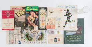 1956 Melbourne Olympics group, noted silk handkerchief, programmes (3), tickets (5), map, car sticker, Grieg's Honey glass; also 1937 Coronation silk handkerchief.