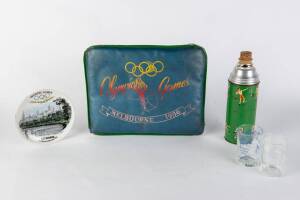 OLYMPICS GROUP, noted 1956 cushion, scarf, tea-towel & plate; c1950s Olympia thermos; pair of 1964 Tokyo glasses.