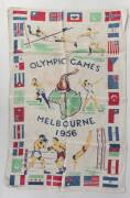 OLYMPICS GROUP, noted 1956 cushion, scarf, tea-towel & plate; c1950s Olympia thermos; pair of 1964 Tokyo glasses. - 2