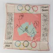 OLYMPICS GROUP, noted 1956 cushion, scarf, tea-towel & plate; c1950s Olympia thermos; pair of 1964 Tokyo glasses. - 3