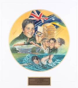 DAWN FRASER, original painting by Brian Clinton, signed by Dawn Fraser, window mounted, framed & glazed, overall 69x75cm.