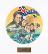 DAWN FRASER, original painting by Brian Clinton, signed by Dawn Fraser, window mounted, framed & glazed, overall 69x75cm.