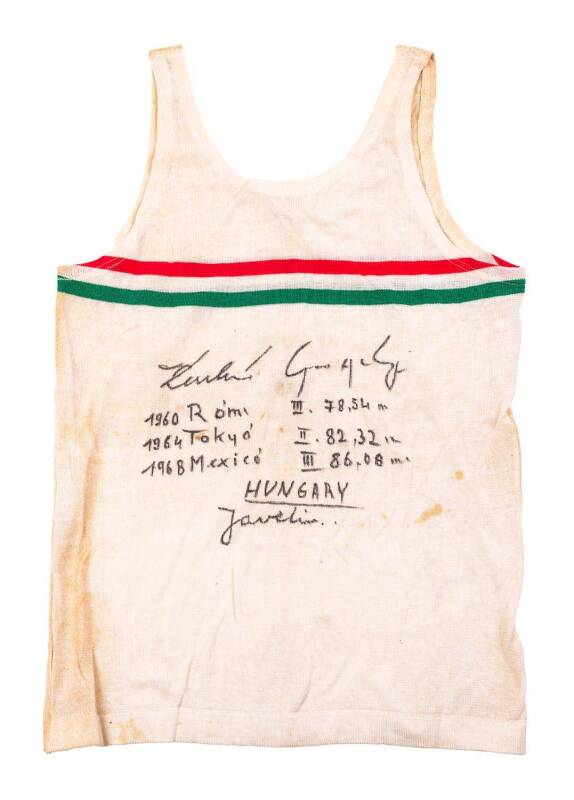 GERGELY KULCSAR'S HUNGARY SINGLET, endorsed "Kulcsar Gergely, 1960 Rome III. 78.54m, 1964 Tokyo II. 82.32m, 1968 Mexico III 86.08m, HUNGARY, Javelin". [Gergely Kulcsar competed at the 1960, 1964, 1968 & 1972 Olumpics, winning silver in 1964, and bronze in