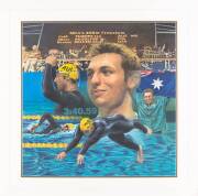 IAN THORPE, original painting by Brian Clinton, window mounted, framed & glazed, overall 75x75cm. [Ian Thorpe has won 5 Olympic gold medals, the most by any Australian].