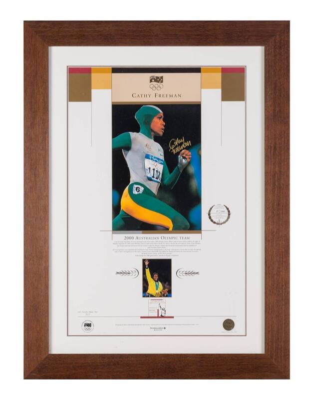 CATHY FREEMAN, signature on "Cathy freeman - 2000 Australian Olympic Team" print, limited edition 7/2000, framed & glazed, overall 60x80cm. With CoA.