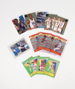 TRADE CARDS: Collection with c1989 - 1995 cards including Basketball, NBA, NFL & Baseball; noted 1989 Fleer Basketball cards unopened with original wrappers (14 packs). 500+ cards, G/VG condition. Inspection will reward.