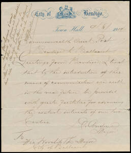 1914 (June 9) Bendigo-Ballarat #1a letter from D. Andrew, Mayor on 'City of Bendigo' letterhead to 'His Worship the Mayor of Ballaarat' flown by Maurice Guillaux in his Bleriot monoplane with added message in French including "... j'avoir transporte le pr