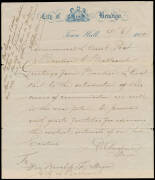 1914 (June 9) Bendigo-Ballarat #1a letter from D. Andrew, Mayor on 'City of Bendigo' letterhead to 'His Worship the Mayor of Ballaarat' flown by Maurice Guillaux in his Bleriot monoplane with added message in French including "... j'avoir transporte le pr