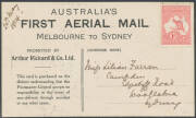 1914 (June) Melbourne-Sydney #2 official souvenir postcard headed 'AUSTRALIA'S/FIRST AERIAL MAIL/MELBOURNE TO SYDNEY' with illustration of the Bleriot biplane in flight & photographs of "Wizard" Stone & PV Ryan, 1d Roo affixed but uncancelled, addressed b - 2