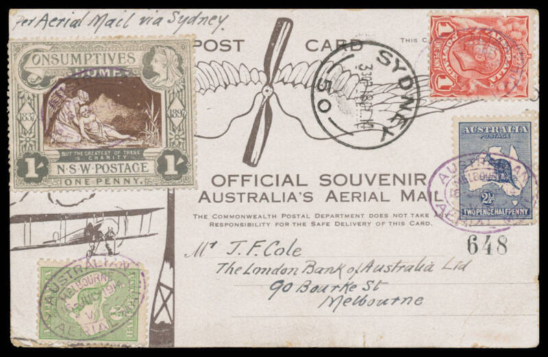 1914 (July 16) Melbourne-Sydney #3 Official Souvenir postcards flown by Maurice Guillaux in his Bleriot monoplane on the first Australian official airmail flight, the first with Kangaroo 1d red tied violet oval 'AUSTRALIAN/AERIAL MAIL/MELBOURNE/16-JUL-191
