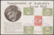 1914 (July 16) Melbourne-Sydney #3 Official Souvenir postcards flown by Maurice Guillaux in his Bleriot monoplane on the first Australian official airmail flight, the first with Kangaroo 1d red tied violet oval 'AUSTRALIAN/AERIAL MAIL/MELBOURNE/16-JUL-191 - 2