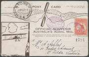 1914 (July 16) Melbourne-Sydney #3 Official Souvenir postcards flown by Maurice Guillaux in his Bleriot monoplane on the first Australian official airmail flight, the first with Kangaroo 1d red tied violet oval 'AUSTRALIAN/AERIAL MAIL/MELBOURNE/16-JUL-191 - 3