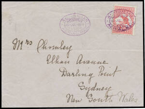1914 (July 16) Melbourne-Sydney #4 cover flown by Maurice Guillaux in his Bleriot monoplane on the first Australian official airmail with Kangaroo 1d red tied violet oval 'AUSTRALIAN/AERIAL MAIL/MELBOURNE/16-JUL-1914/VIC' datestamp and SYDNEY/18JY14/64' a