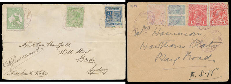 1914 (July 16) Melbourne-Sydney #4b covers purportedly flown by Maurice Guillaux on the first Australian official airmail flight both with forged oval 'AUSTRALIAN/AERIAL MAIL/MELBOURNE/16-JUL-1914/VIC' datestamps showing minor differences to the original,