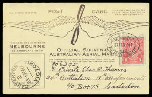 1917 (Feb 15) Mount Gambier-Melbourne #11-13 Souvenir Postcards flown by Basil Watson all with KGV 1d red tied oval 'AUSTRALIAN/AERIAL MAIL/MELBOURNE/27FEB1917/VIC' handstamp on arrival and respectively with 'CASTERTON/15FE17/VICTORIA' (269 flown), 'HAMIL