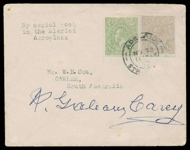 1917 (Nov 23) Adelaide-Gawler #17 cover flown by RG Carey in his 60hp Bleriot (ex Guillaux) on the first official airmail service in South Australia endorsed 'By aerial post in the Bleriot Aeroplane' with KGV ½d green (2) tied 'ADELAIDE/NO23/17/STH AUSTRA