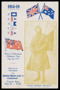 1919 (Aug 4) Perth Aerial Drop #19 Charles Moore & Co Premier Store, Hay Street, Perth 'Peace Celebrations Children's Day' advertising postcard dropped over Perth and suburbs by Major Norman Brearley in an Avro biplane, Cat $2.250. [the unused postcard sh