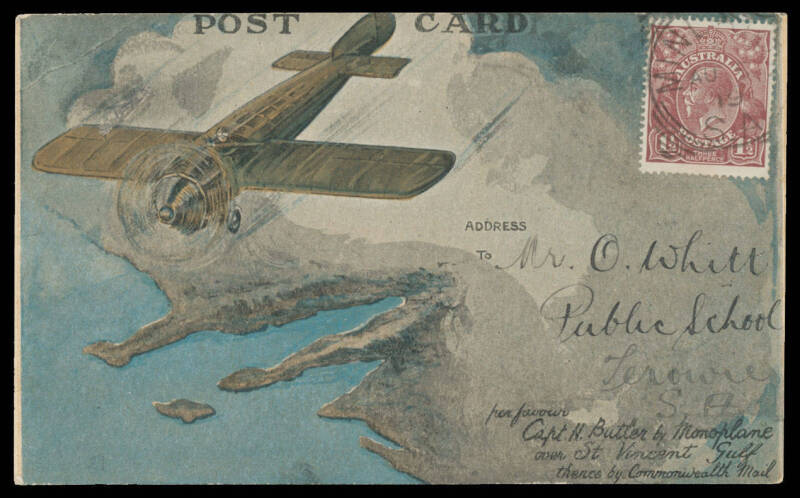 1919 (Aug 6) Adelaide-Minlaton #20 Souvenir Postcard flown by Capt Harry Butler in his Bristol monoplane 'Red Devil' with printed message and signature on back and numbered for inclusion in lottery draw, franked on view side with KGV 1½d brown tied 'MINLA