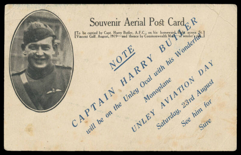 1919 (Aug 6) Adelaide-Minlaton #21e Souvenir Postcard flown by Capt Harry Butler in his Bristol monoplane 'Red Devil' with printed message for "Unley Aviation Day" on back dropped over Adelaide to promote the event, unused, some bends and aging marks, Cat