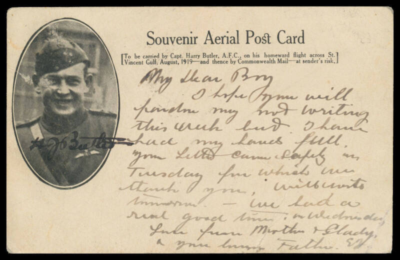 1919 (Aug 12) Minlaton-Adelaide return flight per Harry Butler illustrated 'Souvenir Aerial Post Card' with the pilot's photograph & autograph on the reverse & hand-written message,