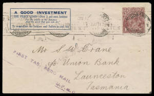 1919 (Sept 4) Hobart-Launceston #23 cover with Peace Loan advertising and KGV 1½d brown carried by pilot ED Cummings in a Sopwith Pup on the first aerial mail flight in Tasmania, violet two-line 'FIRST TAS. AERO MAIL/DPMG' handstamp and 'LAUNCESTON/-5SE19