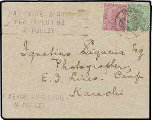 1919 (Oct 14) France-Australia #25a intermediate cover carried by Poulet & Benoist in a Caudron G4 'La Mouche' (The Fly) from Bandar Abbas to Karachi franked with India KGV 2a violet and ½a green tied 'BANDAR-ABAS/8NOV19' datestamp, violet three-line 'Par