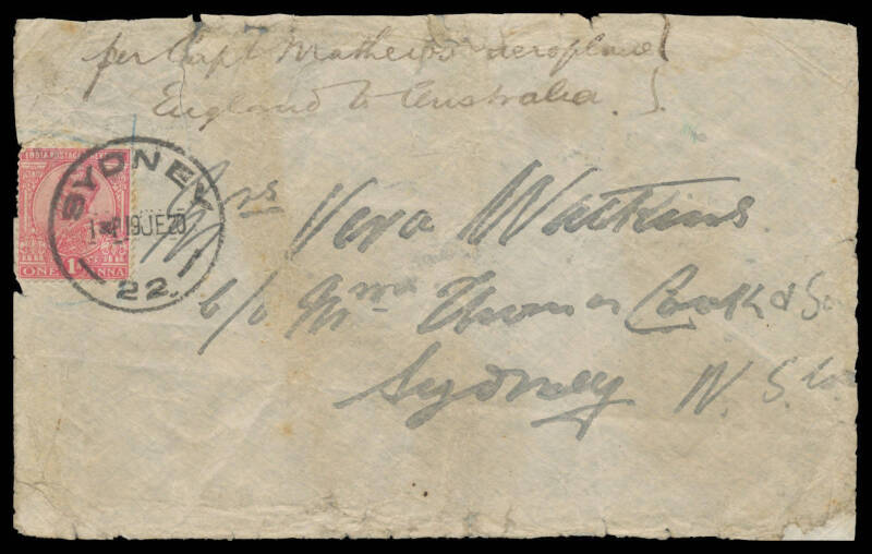 1919 (Oct 21) England-Australia #26 cover endorsed "per Capt Mathews' aeroplane" franked with India KGV 1a red tied 'SYDNEY/19JE20' datestamp on arrival carried by GC Matthews & TD Kay in a Sopwith Wallaby on their England-Australia Air Race Flight from I