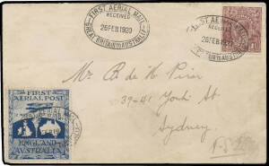 1919 (Nov 12) England-Australia #27 flown cover addressed to 'Mr B de M Prior' (Frommer #FR:261) bearing a good example of the Ross Smith vignette and additional stamp Australia KGV 1½d brown tied by two strikes of the black oval 'FIRST AERIAL MAIL/RECEIV