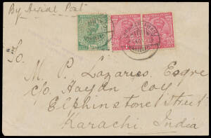 1919 (Nov 12) England-Australia #27e intermediate cover carried by Ross & Keith Smith from Bandar Abbas to Karachi franked with India KGV 1a red (2) and ½a green tied 'BANDAR-ABAS/24NOV19' datestamps, violet three-line 'Per/Vickers "Vimy" Aeroplane/to Aus