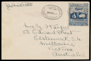 1919 (Nov 12) England-Australia #27f forged cover addressed to 'Mrs J Harper, 58 Edward Street, Elsternwick S4, Melbourne' bearing a genuine example of the Ross Smith vignette and genuine 'socked-on-nose' black oval 'FIRST AERIAL MAIL/RECEIVED/26FEB1920/G