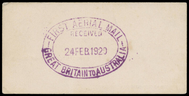 1919 (Nov 12) England-Australia #27g proof impression in violet of oval FIRST AERIAL MAIL/RECEIVED/24FEB1920/GREAT BRITAIN TO AUSTRALIA datestamp on back of visiting card of E.P. Ramsay, Superintendent of Mails, Postmaster-General's Department struck two