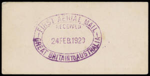 1919 (Nov 12) England-Australia #27g proof impression in violet of oval FIRST AERIAL MAIL/RECEIVED/24FEB1920/GREAT BRITAIN TO AUSTRALIA datestamp on back of visiting card of E.P. Ramsay, Superintendent of Mails, Postmaster-General's Department struck two 