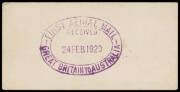 1919 (Nov 12) England-Australia #27g proof impression in violet of oval FIRST AERIAL MAIL/RECEIVED/24FEB1920/GREAT BRITAIN TO AUSTRALIA datestamp on back of visiting card of E.P. Ramsay, Superintendent of Mails, Postmaster-General's Department struck two