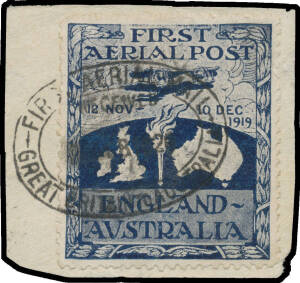 1919 (Nov 12) England-Australia #27c Ross Smith vignette tied black oval FIRST AERIAL MAIL/RECEIVED/26FEB1920/GREAT BRITAIN TO AUSTRALIA datestamp on piece, Cat $3,000.