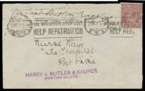 1920 (Jan 1) Adelaide-Victor Harbour-Adelaide #33a cover with violet 'Harry J Butler & Kauper Aviation Co Ltd' cachet and endorsed "per Capt Butler's Aeroplane from Victor Harbour" carried by Harry Butler in his Bristol monoplane 'Red Devil' on the return