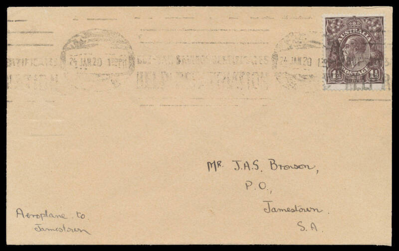 1920 (Jan 26) Adelaide-Jamestown #35 cover endorsed "Aeroplane to Jamestown" without cachet carried by Harry Butler in an Avro 504 biplane on an official airmail flight franked with KGV 1½d brown tied Adelaide roller cancel, very fine, Cat $2,250. [the qu