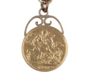 1909 KEVII sovereign mounted on a gold plated fob chain.