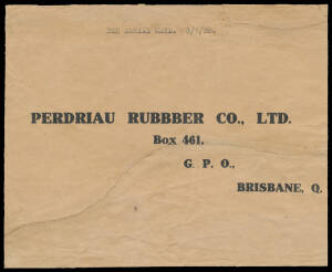 1920 (July 9) Sydney-Brisbane #40 Perdriau Rubber Co Ltd cover with typed endorsement 'Per Aerial Mail 8/7/20' carried by Lt JH Butler of Perdriau Rubber in the company's Royal Aircraft Factory BE 2E on the first one-day flight between Australian capital 