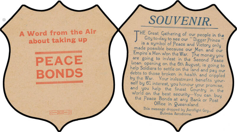 1920 (Aug 4) Aeroflight Company Brisbane Leaflet Drop shield-shaped 'PEACE/BONDS' "leaflet" #47d, undercatalogued at $650. Superb, and rare this fine. [Flown during the Royal Visit of the Prince of Wales, later King Edward VIII, who is referred to in the