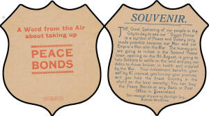 1920 (Aug 4) Aeroflight Company Brisbane Leaflet Drop shield-shaped 'PEACE/BONDS' "leaflet" #47d, undercatalogued at $650. Superb, and rare this fine. [Flown during the Royal Visit of the Prince of Wales, later King Edward VIII, who is referred to in the 