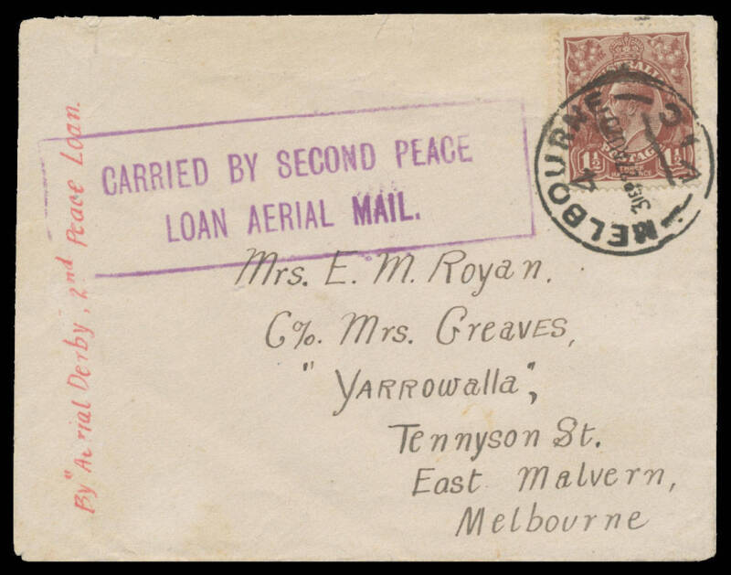 1920 (Aug 27) Serpentine-Melbourne #50 cover endorsed 'By Aerial Derby 2nd Peace Loan' carried by one of the four competitors in the Commonwealth Goverment organised publicity event, franked with KGV 1½d brown tied Melbourne '27AU20' datestamp on arrival