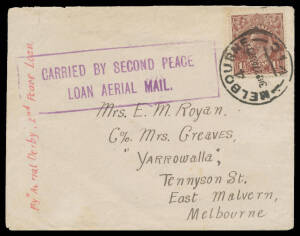 1920 (Aug 27) Serpentine-Melbourne #50 cover endorsed 'By Aerial Derby 2nd Peace Loan' carried by one of the four competitors in the Commonwealth Goverment organised publicity event, franked with KGV 1½d brown tied Melbourne '27AU20' datestamp on arrival 