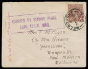 1920 (Aug 27) Serpentine-Melbourne #50 cover endorsed 'By Aerial Derby 2nd Peace Loan' carried by one of the four competitors in the Commonwealth Goverment organised publicity event, franked with KGV 1½d brown tied Melbourne '27AU20' datestamp on arrival