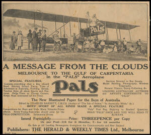 1920 (Sept 27) Melbourne-Longreach-Melbourne #51ba Pals "A Message From The Clouds" advertising leaflet showing the Maurice Farman Shorthorn biplane flown by RG Carey on the Herald and Weekly Times promotional flight to the Gulf of Carpentaria, endorsed '