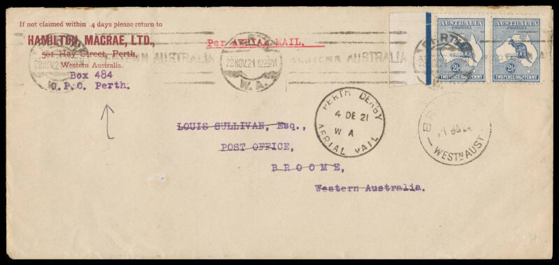 1921 (Dec 4) Perth-Derby #56a Hamilton, Macrae, Ltd long merchant cover to Broome flown by Western Australian Airways on inaugural flight of Australia's first regular airmail service which was suspended due to fatal crash with mail to be forwarded by the