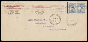 1921 (Dec 4) Perth-Derby #56a Hamilton, Macrae, Ltd long merchant cover to Broome flown by Western Australian Airways on inaugural flight of Australia's first regular airmail service which was suspended due to fatal crash with mail to be forwarded by the 
