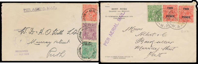 Mostly 1920s Western Australia internal commercial covers with an all-different array of air mail handstamps comprising 'PER AERIAL MAIL'  x7, 'PER AERIAL MAIL ROUTE' x3, 'AERIAL MAIL' x4, 'PER AIR-MAIL' (registered but philatelic) & 'FORWARDED BY AIR MAI